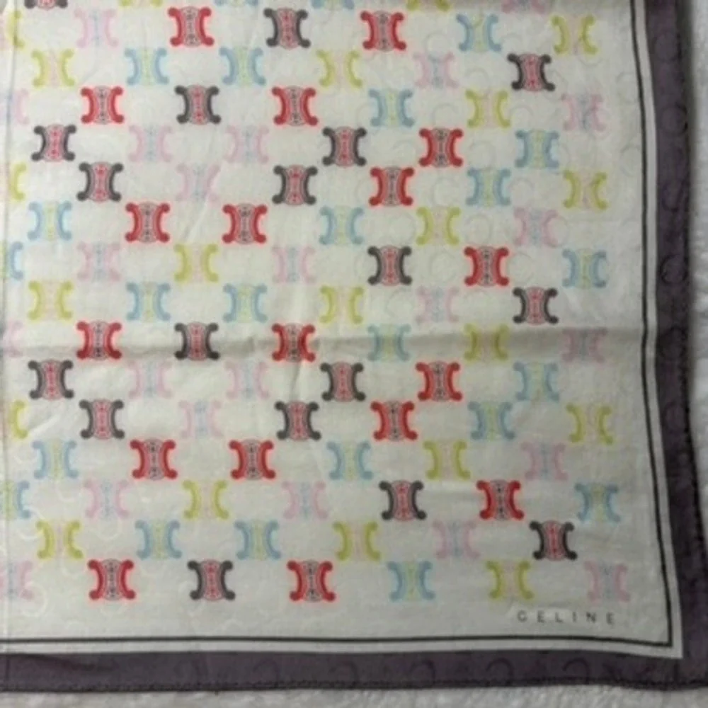 Vtg CELINE Scarf Handkerchief Macadam Logo Print Multicolor White 21.5